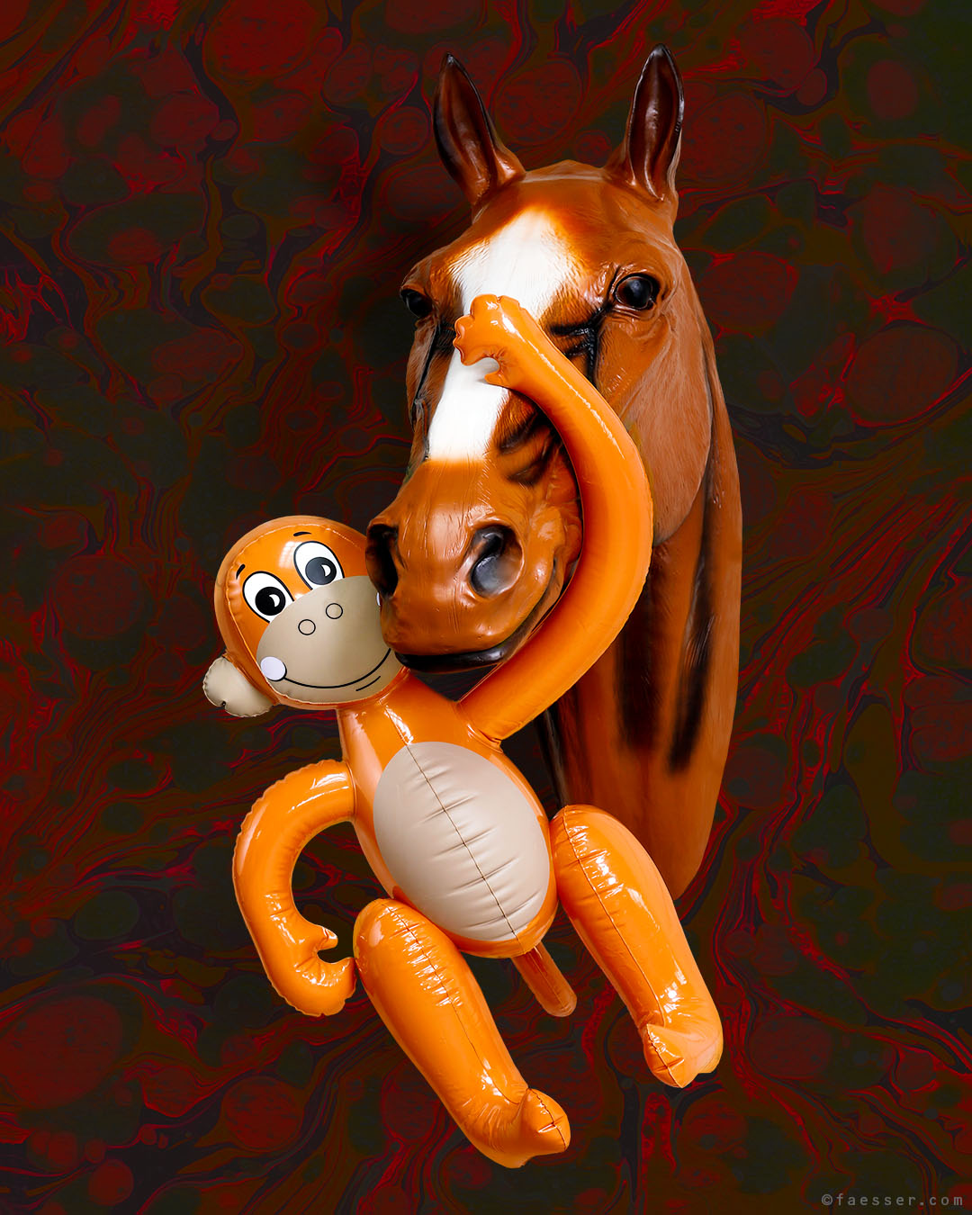 Horse Whisperer; Koons monkey as a horse whisperer in memory to Mr. Ed from an US comedy series; work of art as figurative sculpture; artist Roland Faesser, sculptor and painter 2016