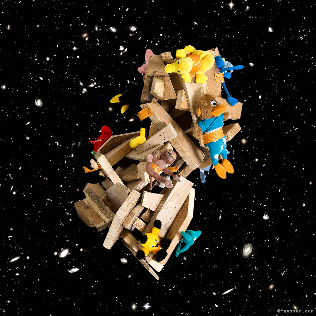 Ancient wood rocket with representatives of all species travelling the universe; work of art as digital paintings; artist Roland Faesser, sculptor and painter 2018