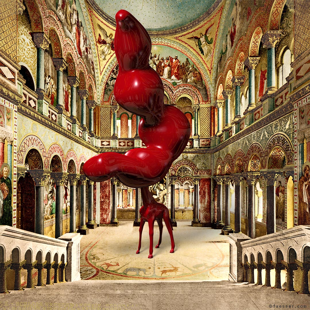 Neuschwanstein: giraffe sculpture with monstrous cloud for Neuschwanstein Castle; work of art as figurative sculpture; artist Roland Faesser, sculptor and painter 2016