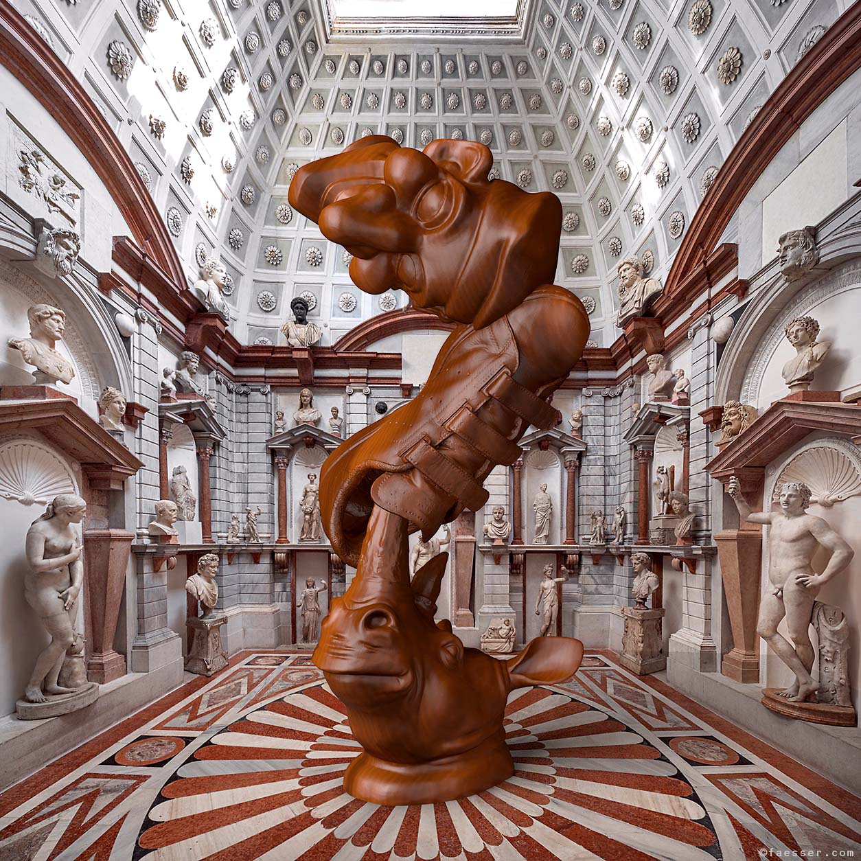 Wooden rhinoceros sculpture balances a tennis shoe with punch head on top; artist Roland Faesser, sculptor and painter 2023