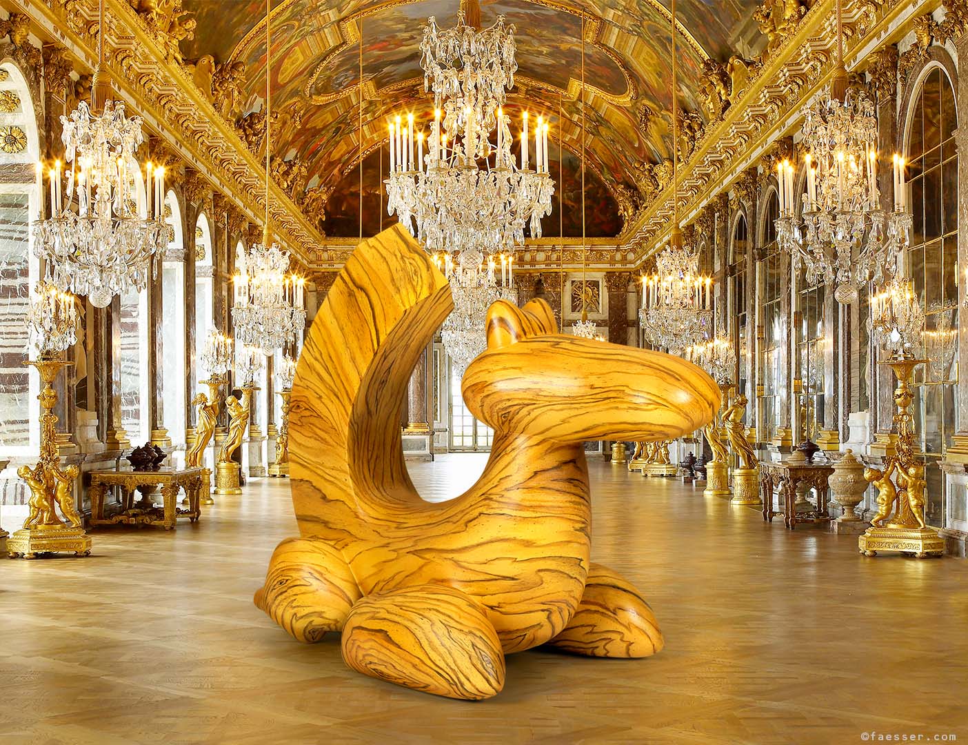Wood painted camouflage sculpture in the Hall of Mirrors of the Versailles Palace; artist Roland Faesser, sculptor and painter 1995/17