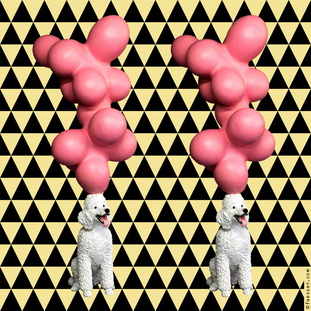 White poodle balances pink ballons sculpture as erotic metaphors and thoughts; work of art as figurative sculpture; artist Roland Faesser, sculptor and painter 2012-16