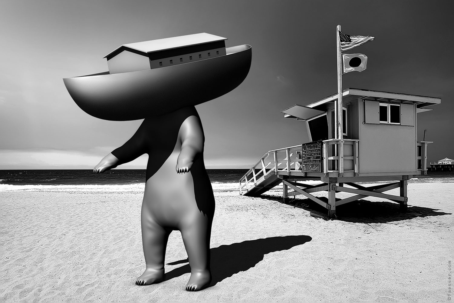 Large bear with Noah's Ark shouldered at Art Miami Beach as durable installation; work of art as figurative sculpture; artist Roland Faesser, sculptor and painter 2017