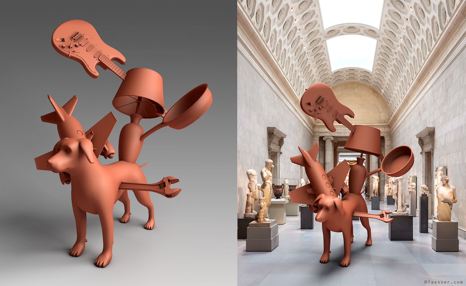 Dog sculpture with airplane, table lamp, tool wrench, pan and guitar dancing at the Metropolitan Museum of Art, NYC; artist Roland Faesser, sculptor and painter 2022