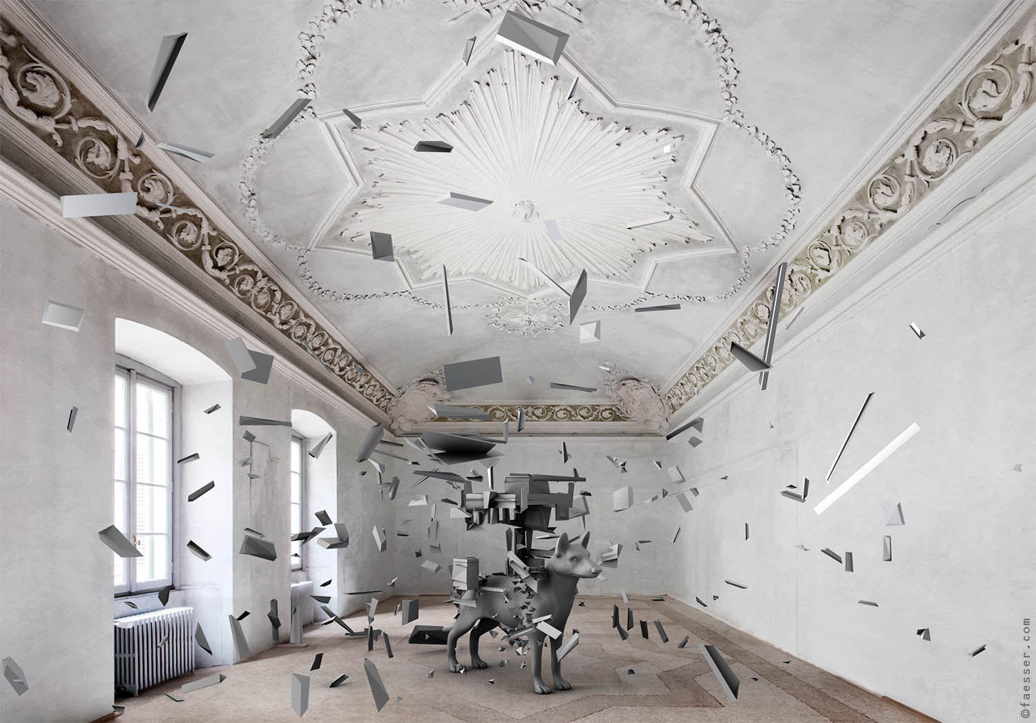 Mindblower: dog with shouldered Smith House explodes in the MASSIMODECARLO gallery in Milan; work of art as figurative animated sculpture; artist Roland Faesser, sculptor and painter 2022