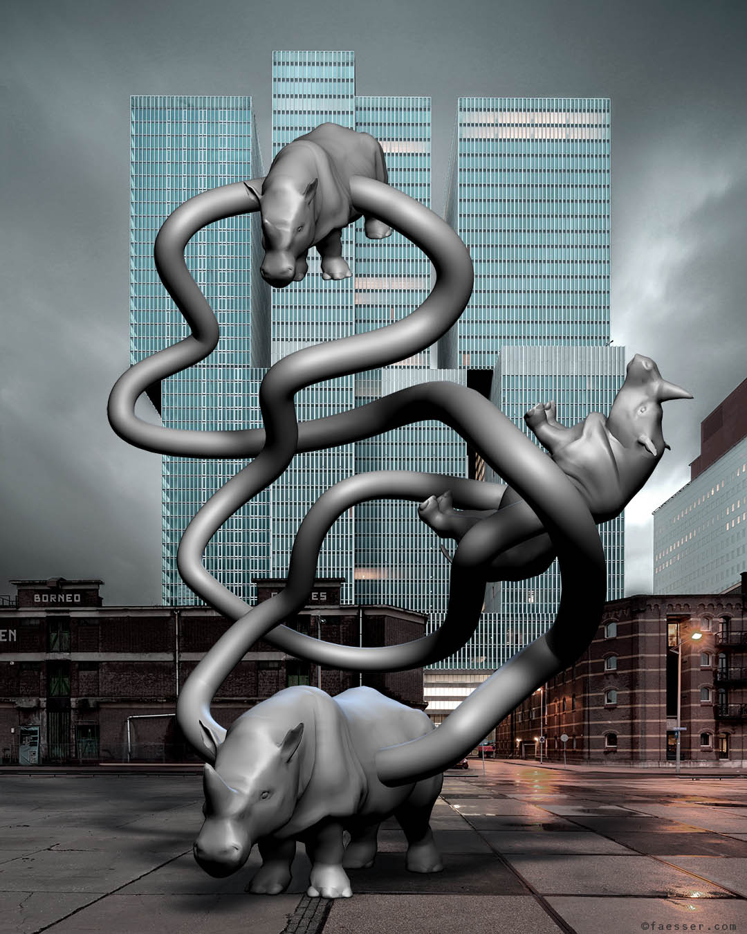 Rhino with umbilical cord and two siblings for the De Rotterdam area; work of art as figurative sculpture; artist Roland Faesser, sculptor and painter 2018